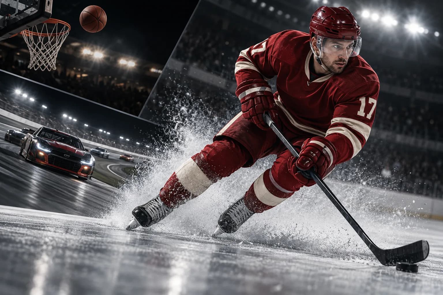 Original sports scene with an ice hockey player, basketball and a racing car